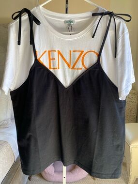 Kenzo White Tee with Orange Logo and Black Slip Top Overlay